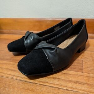 Clarks Tilmont Dalia Black Suede Block Heel Loafers